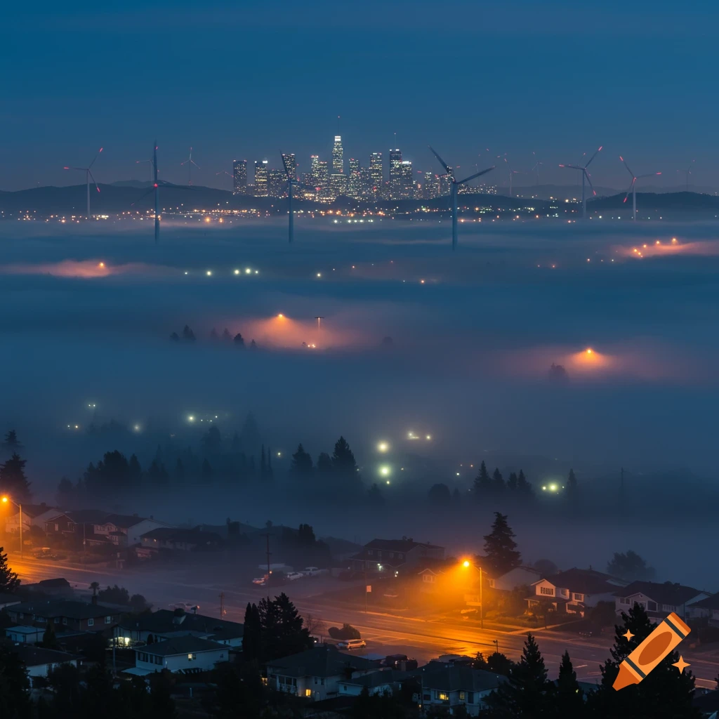 Foggy suburban area with glowing streetlights, distant city skyline, and wind turbines at dusk.
