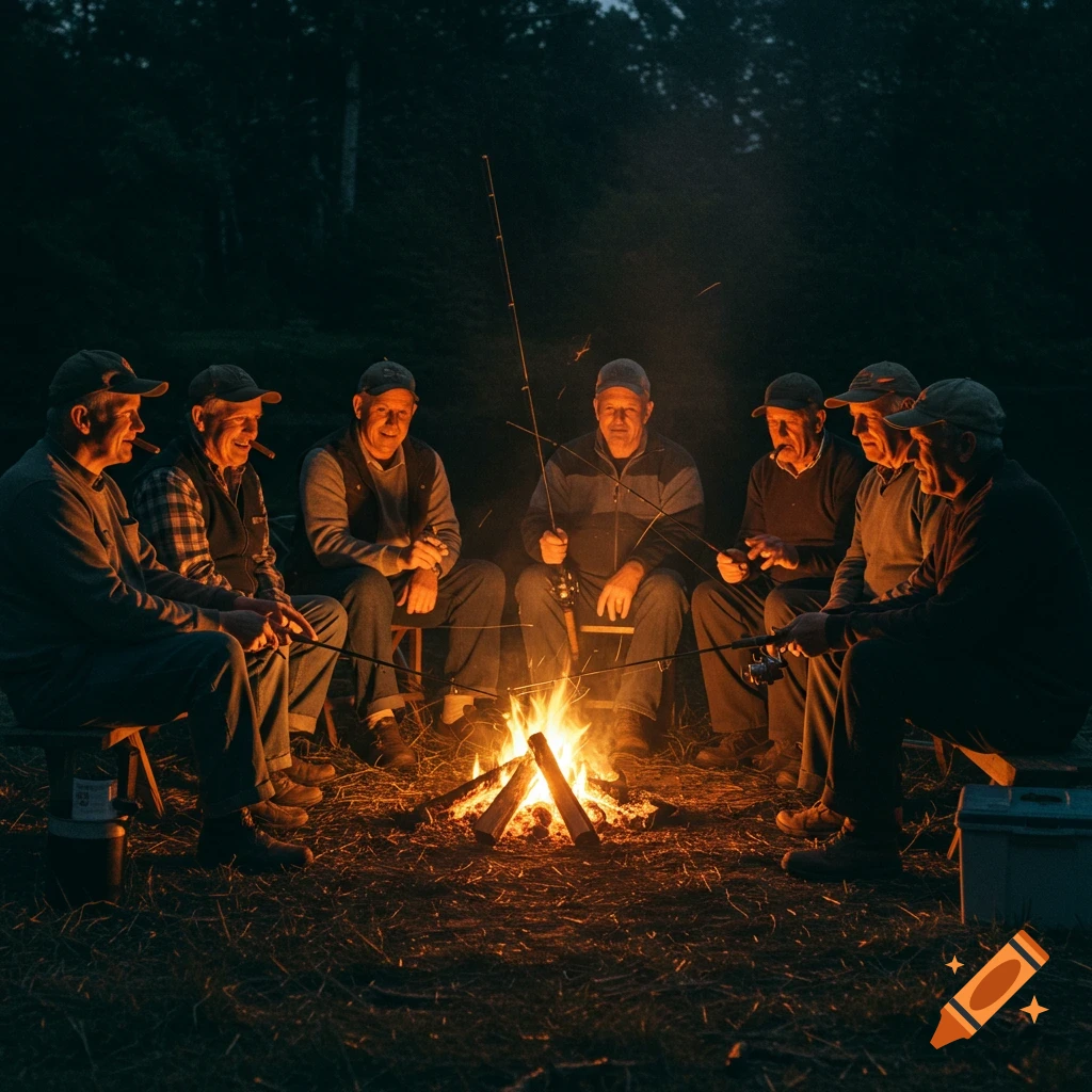 Men sit around a campfire at night, fishing and smoking cigars.