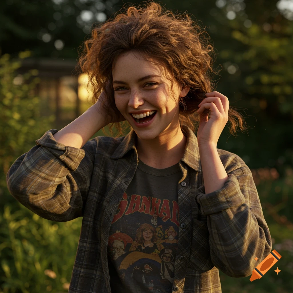 A young woman with curly hair laughs brightly outdoors, wearing a plaid shirt over a band tee. Photorealistic style.