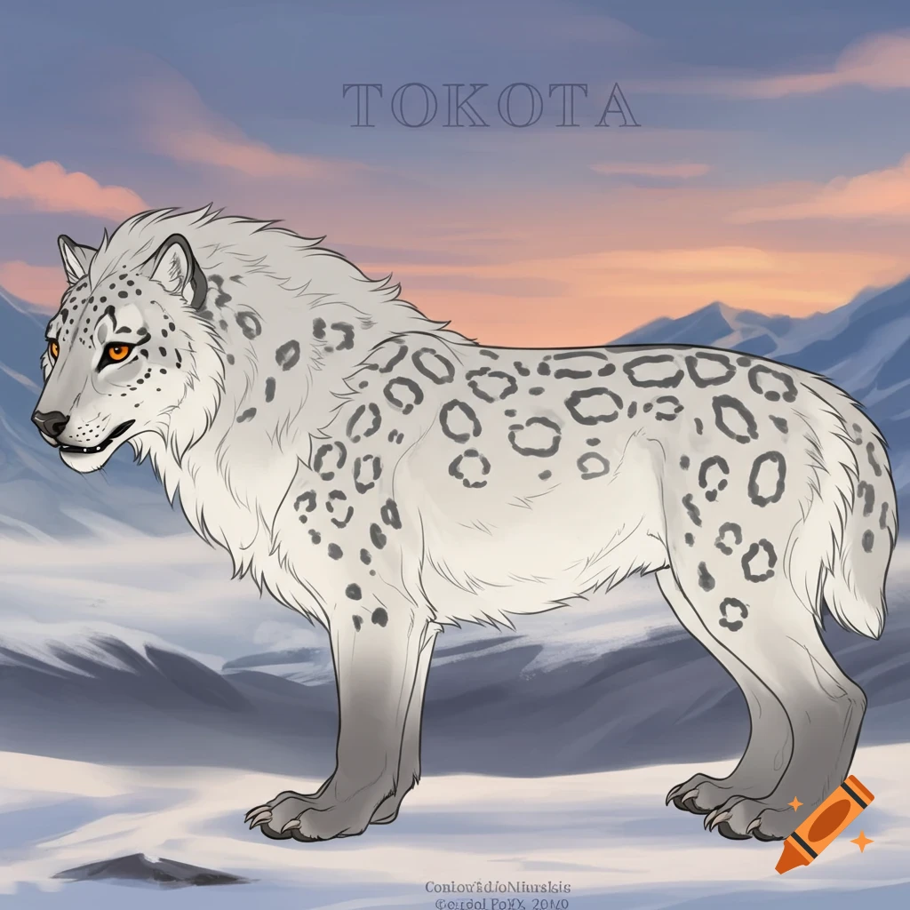 A hybrid snow leopard and wolf creature in a snowy mountain landscape at sunset.