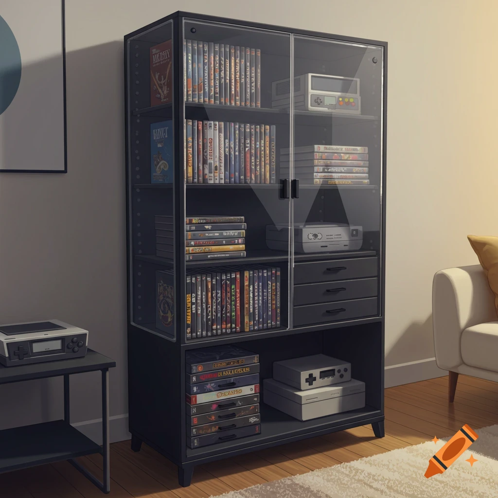 A tall cabinet filled with video games and consoles in a living room.