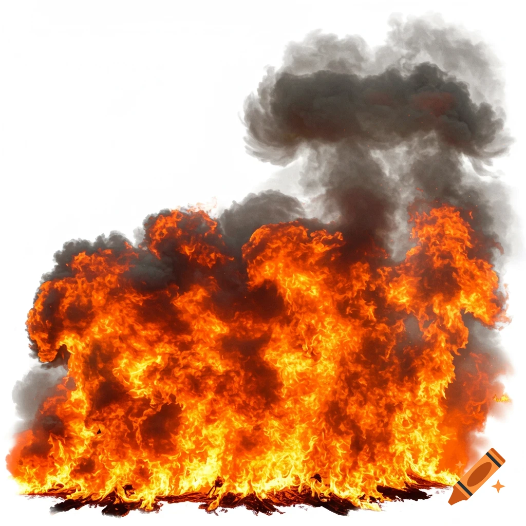 A large fire and smoke against a white background.