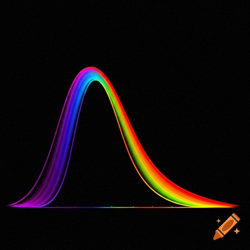 Inverted Gaussian curve filled with a rainbow spectrum on black