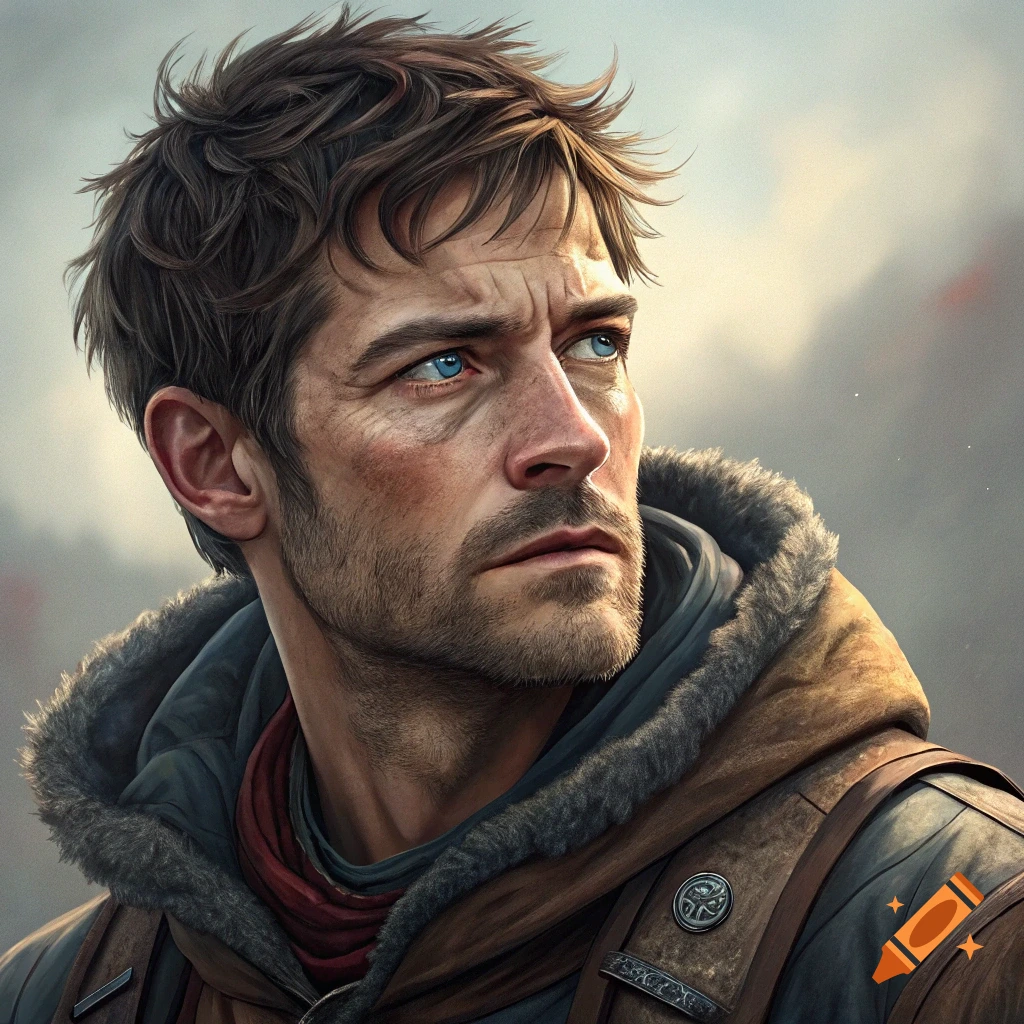 Realistic image of a man with blue eyes and brown hair in a fur-lined hood, looking away.