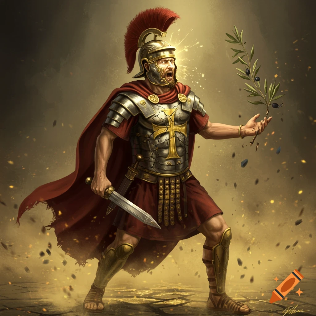 A Roman centurion in armor holds a sword and an olive branch. Dust and debris surround the figure.