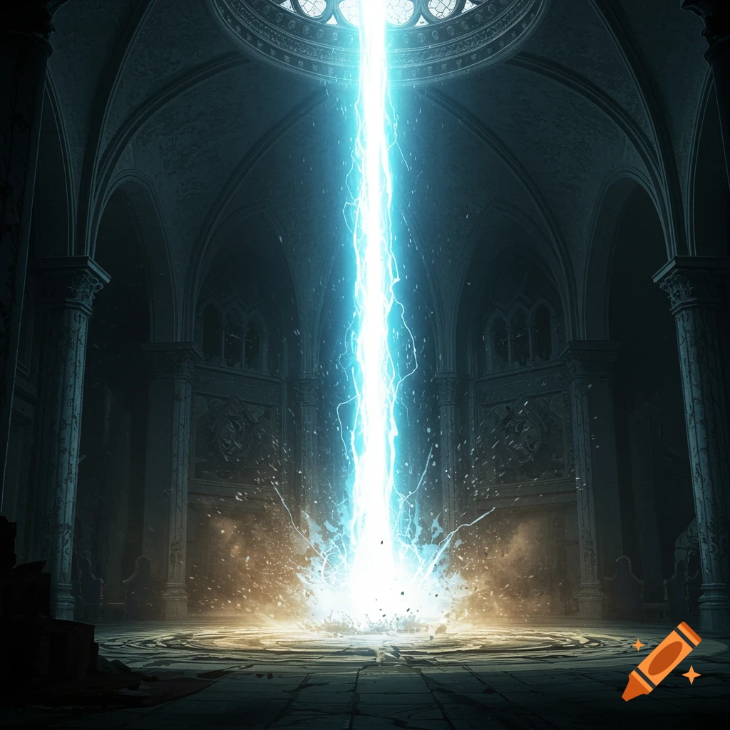A wide beam of blue energy strikes the floor in a dark, vaulted castle room,
