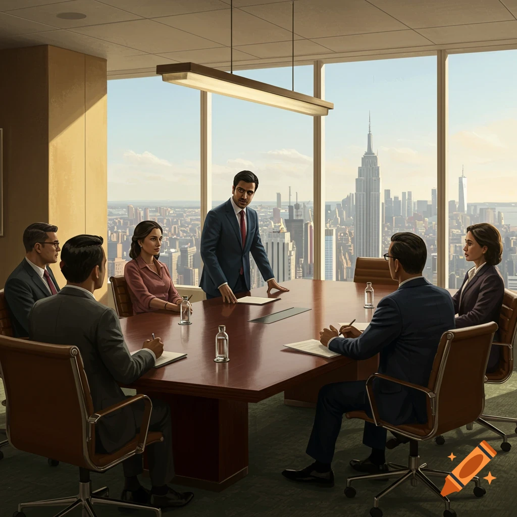 CEO leading a business meeting in a high-rise conference room overlooking a city skyline.
