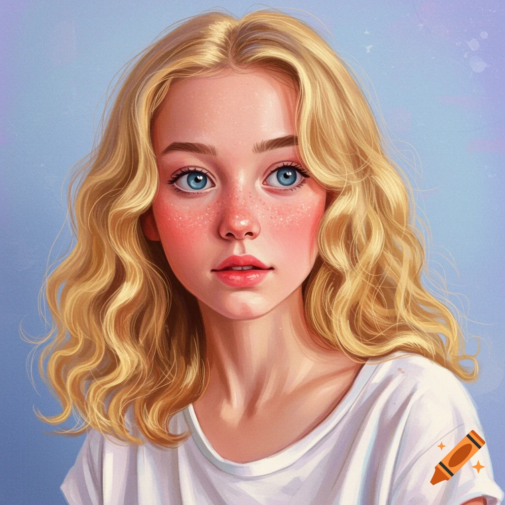 Portrait of a young woman with blond wavy hair, blue eyes, and freckles.