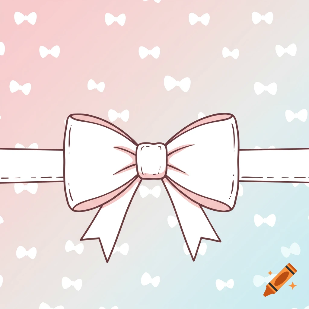 Vector illustration of a large white bow on a pink and blue gradient background with small white bow pattern