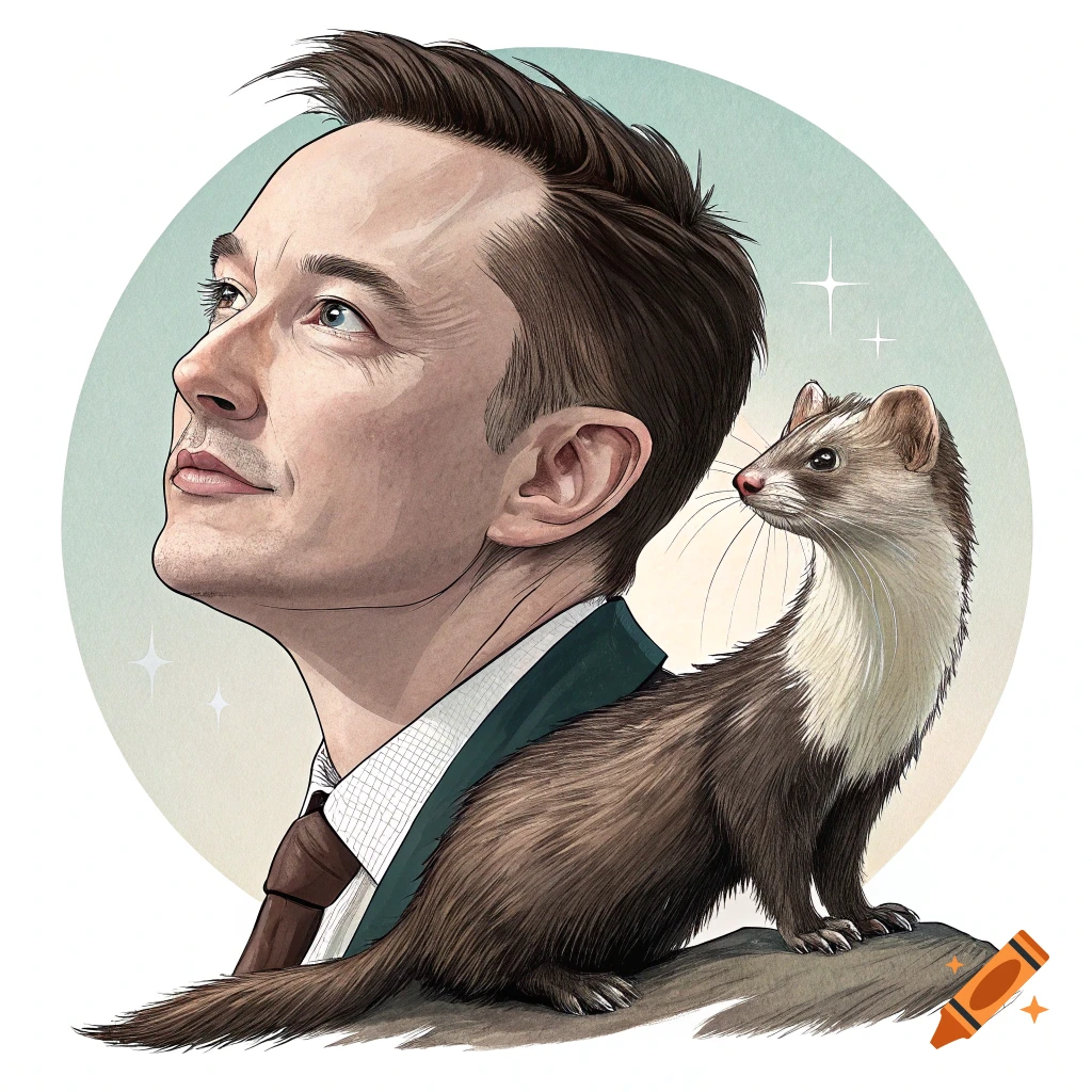 Stylized illustration of Elon Musk's head on a weasel's body sitting on a rock