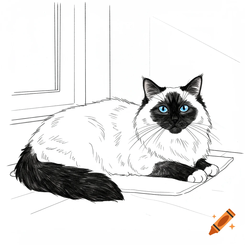 Black and white line drawing of a ragdoll cat with blue eyes lounging indoors.