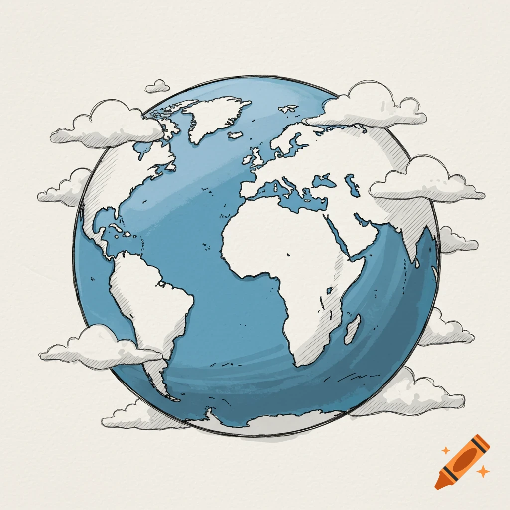 A sketch illustration of the Earth surrounded by clouds.