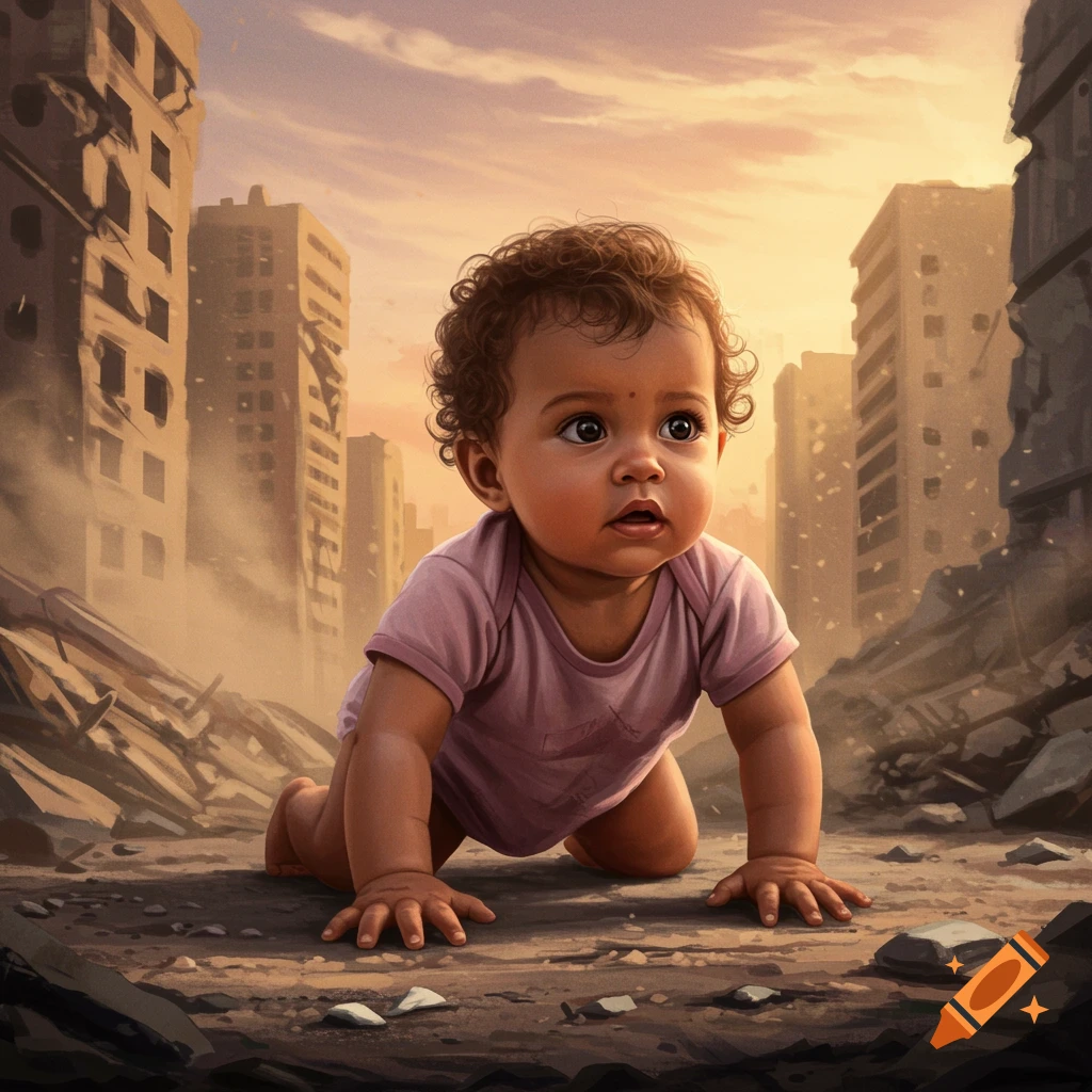 A baby crawls through city ruins at sunset.