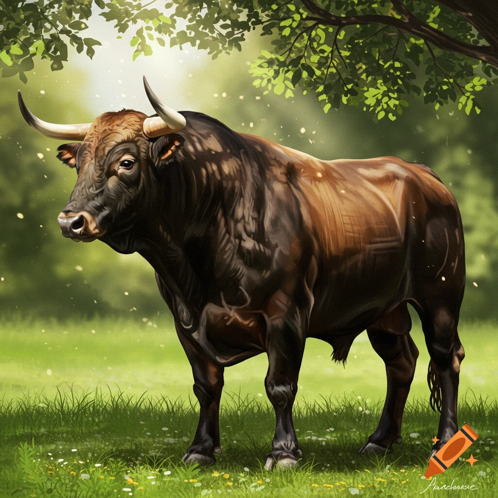 A large bull standing in a grassy field under trees.