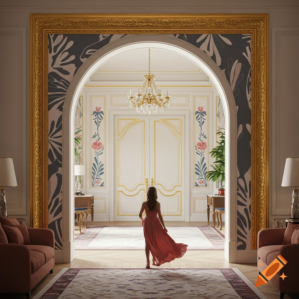 A woman in a red dress stands in a grand, ornate room entrance, framed by an archway.
