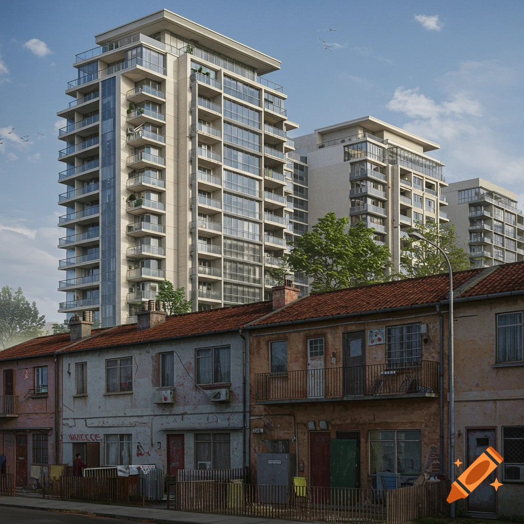 Contrast between modern high-rise apartments and old, run-down houses