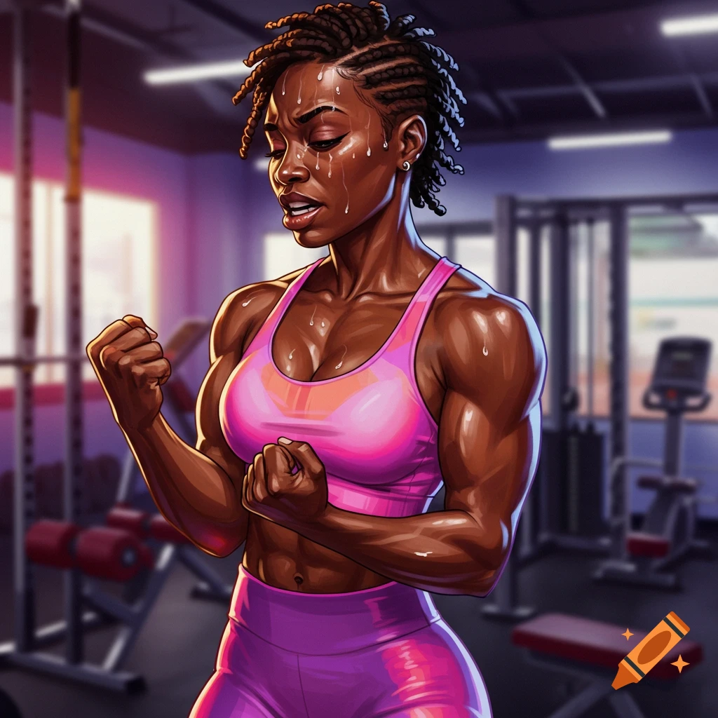 A muscular black woman is sweating while working out in a gym.