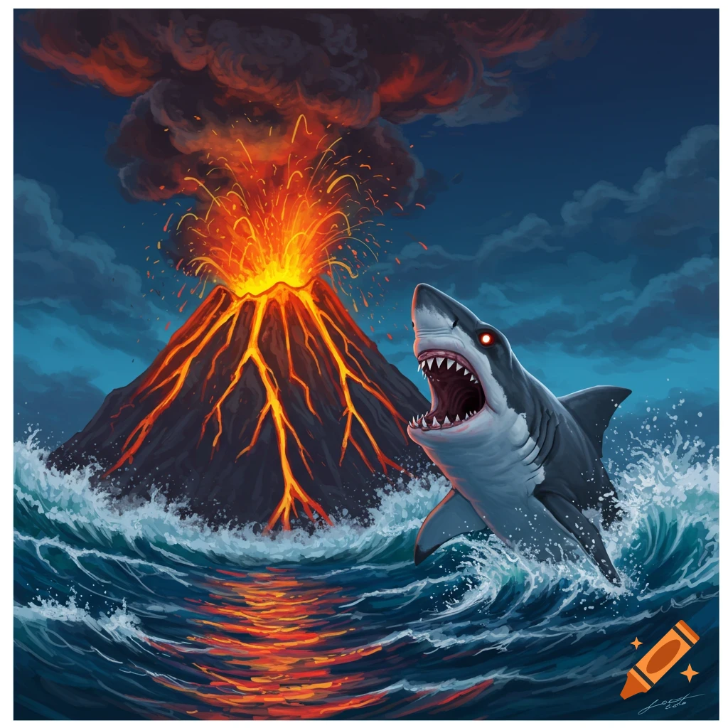 A shark jumping from the ocean near an erupting volcano at night.
