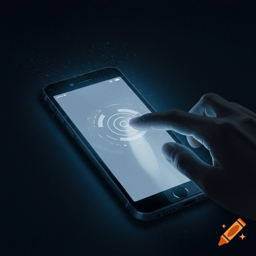Hand tapping smartphone screen with glowing digital interface in dark blue and gray