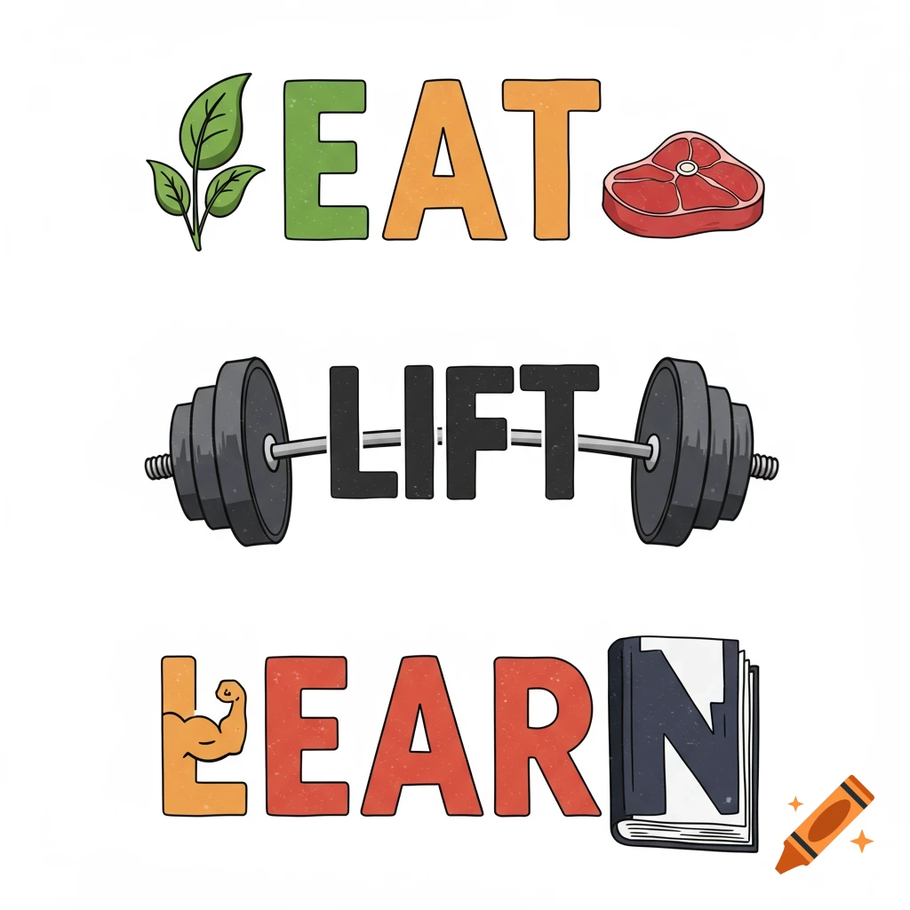 The words EAT, LIFT, and LEARN with illustrations: leaves and steak for EAT, a barbell for LIFT, a flexing arm and book for LEARN.