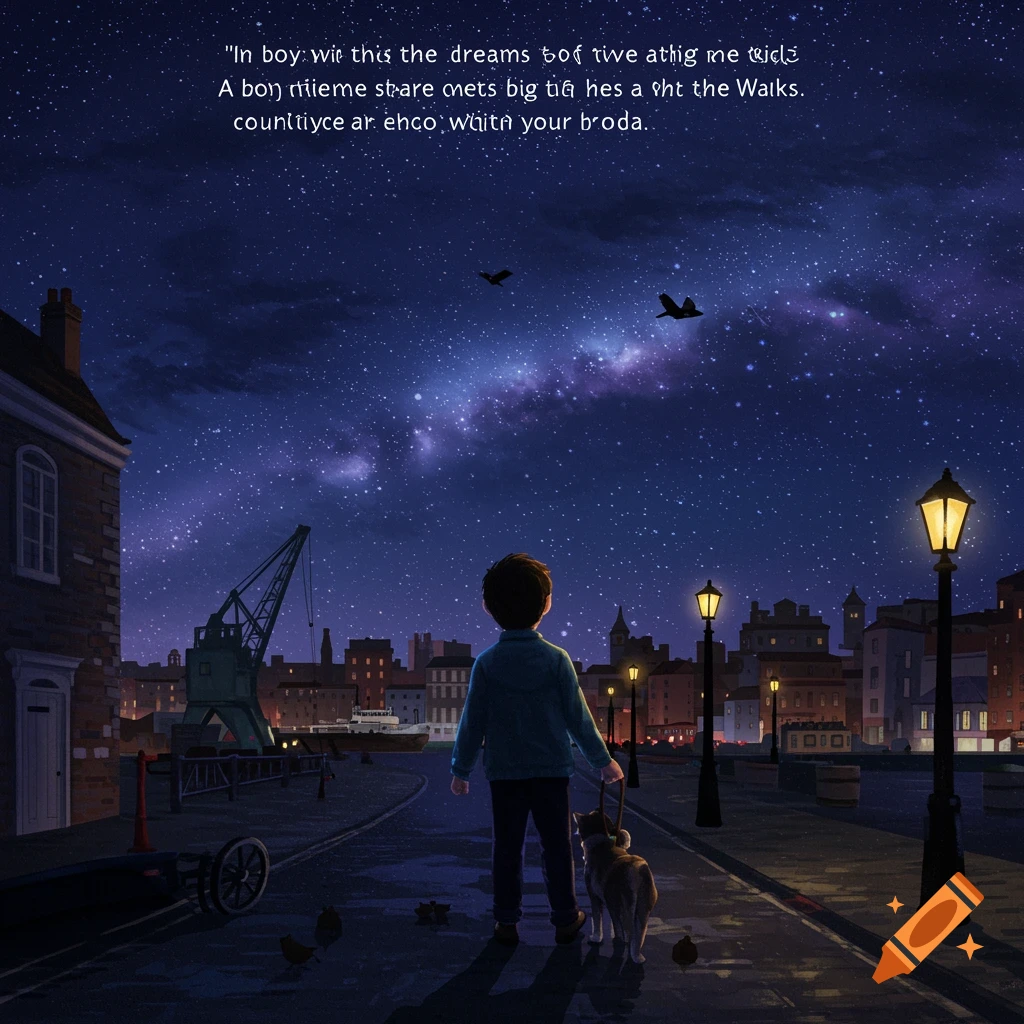 A boy and dog walk through a city at night under a starry sky.