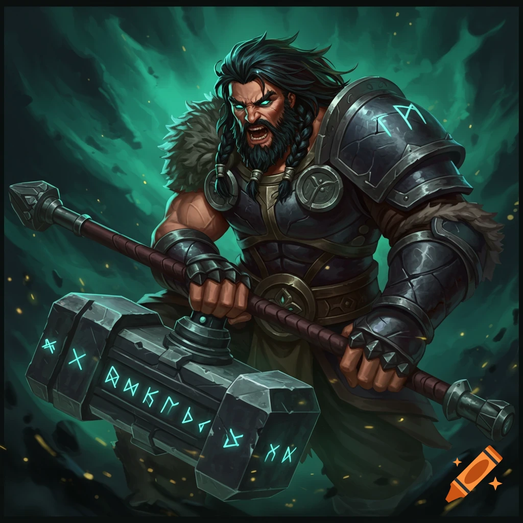 A fantasy warrior with a beard and glowing eyes, holding a large hammer with runes.