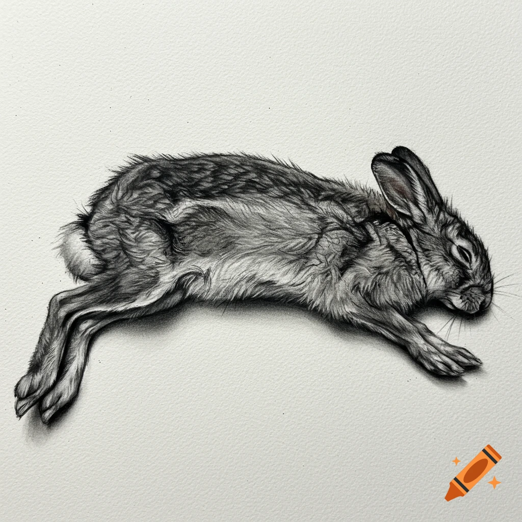 Charcoal drawing of a dead rabbit lying on its side