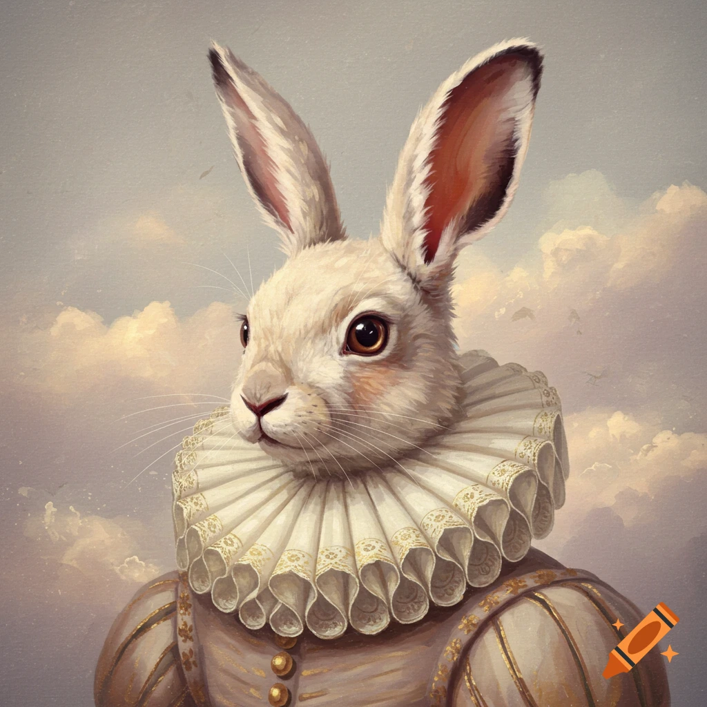 A white rabbit wearing a ruff collar looks off-camera with clouds in the background.