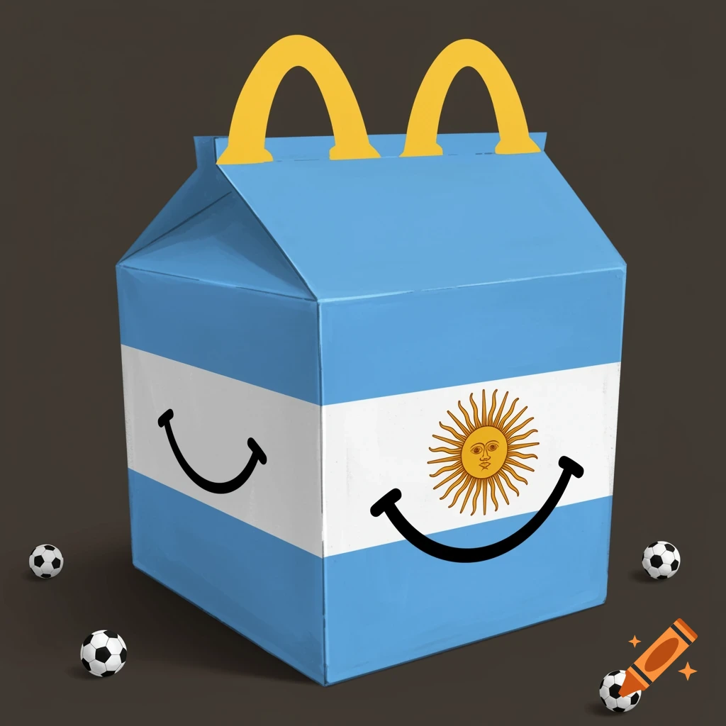 A Happy Meal box decorated like the Argentina flag with soccer balls around it.