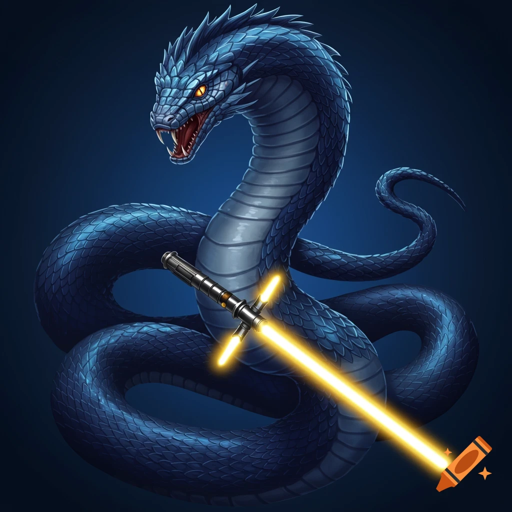A blue and silver snake creature holding a yellow cross-guard lightsaber.