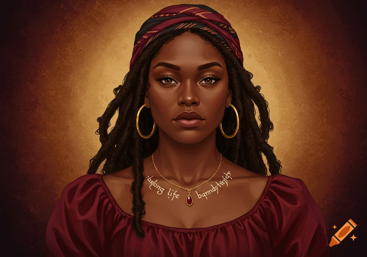 A Black woman with dreadlocks and a headscarf is wearing hoop earrings and a necklace.