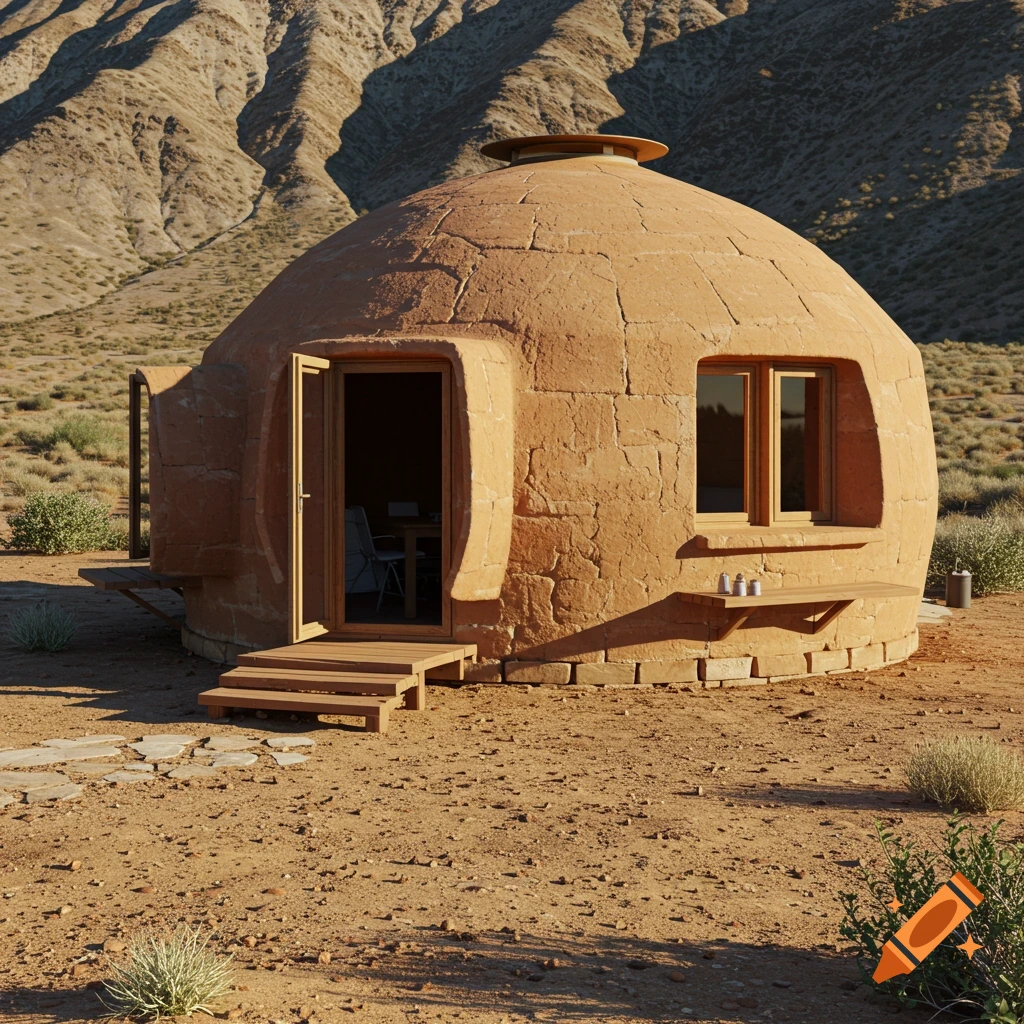 A dome-shaped adobe-like building with a door and window sits in a desert landscape with mountains in the background.
