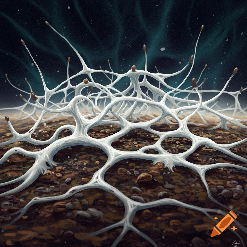 Branching white mycelium growing on rocky ground under a dark sky.