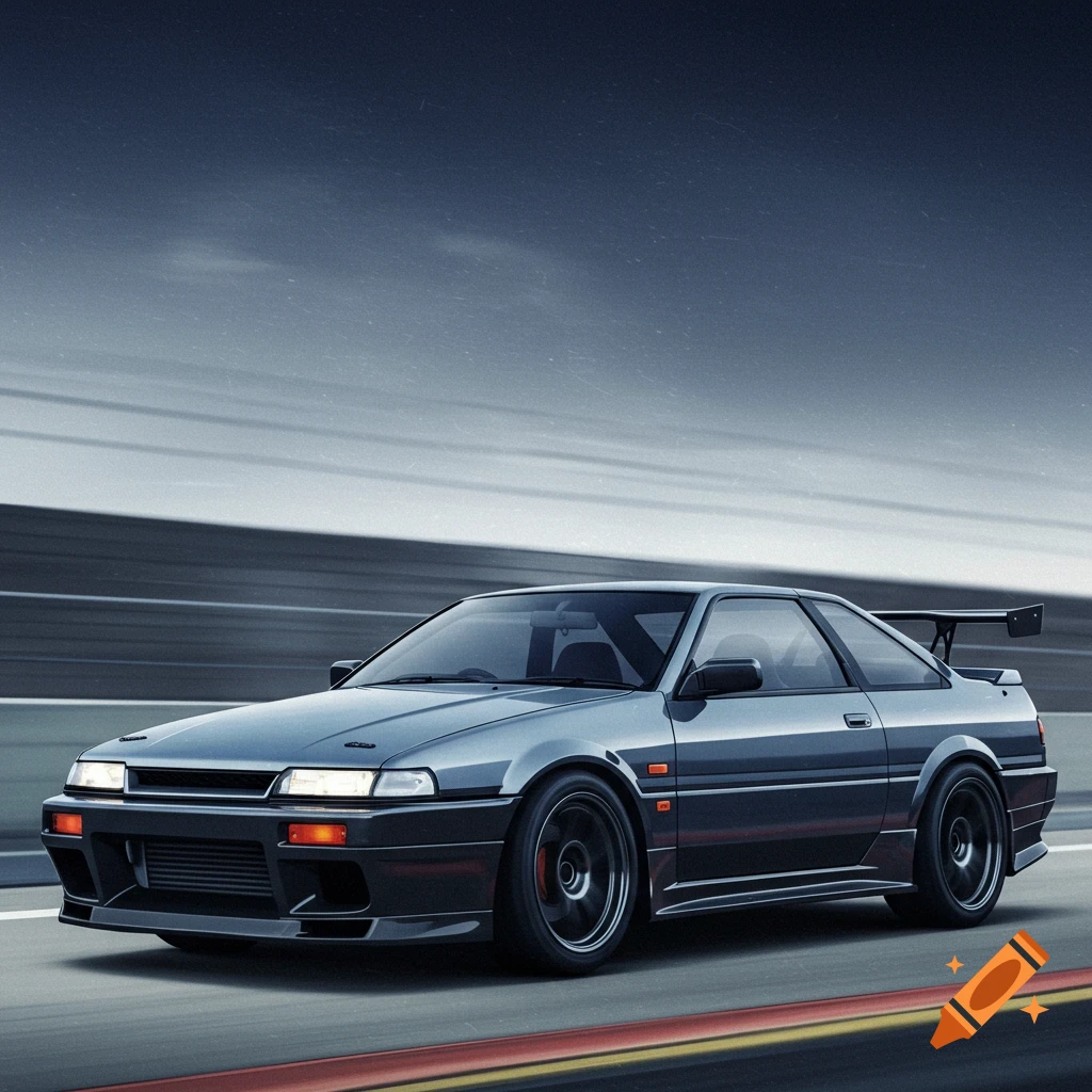 A dark grey sports car similar to a Nissan GT-R speeding on a track, with motion blur.