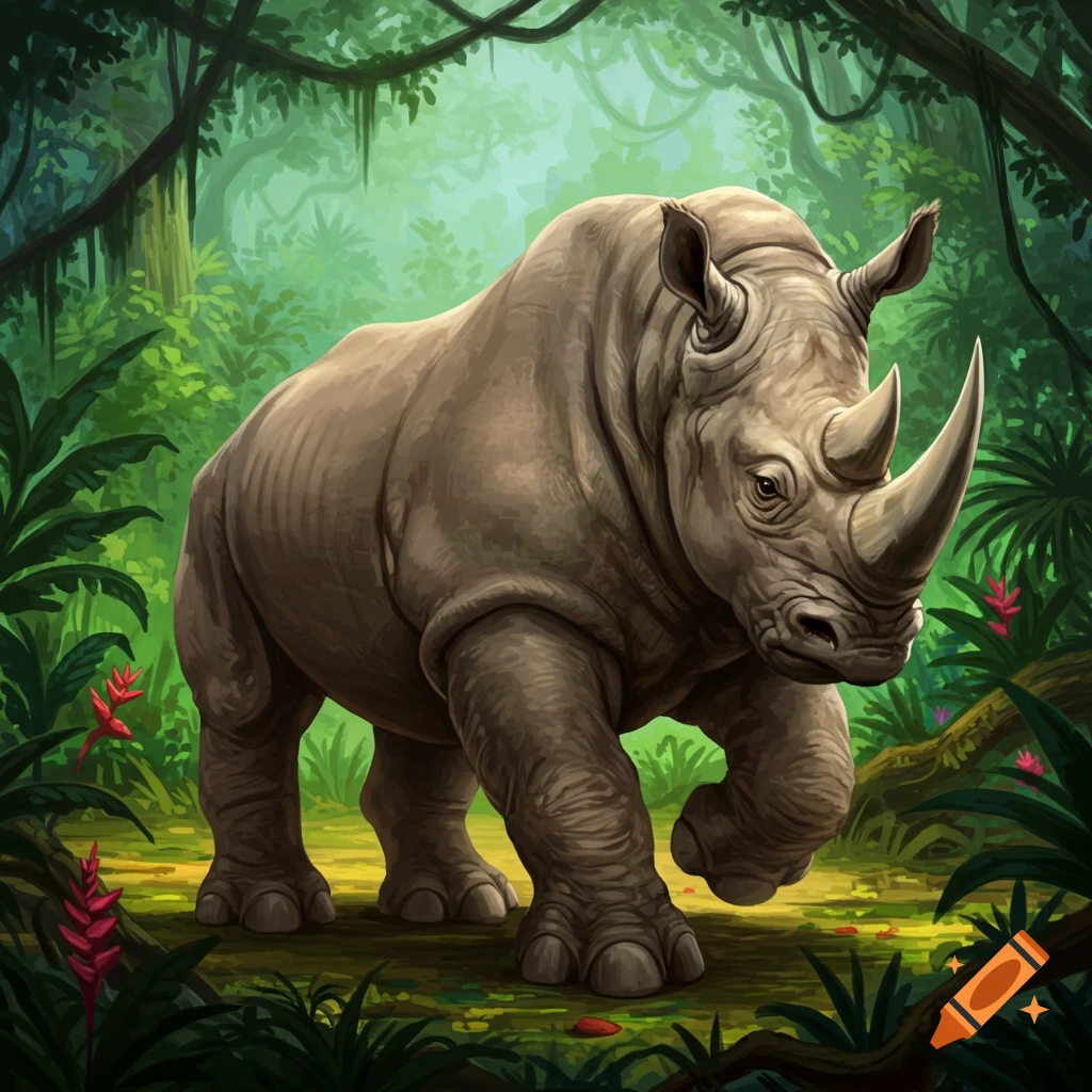 A large rhinoceros standing in a lush green jungle.