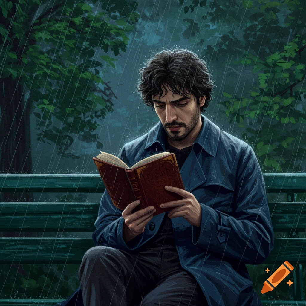 A man sitting on a park bench reading a book in the rain.