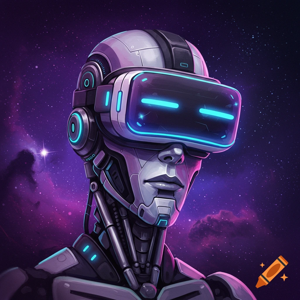 A robot wearing a VR headset is in space with a nebula backdrop.