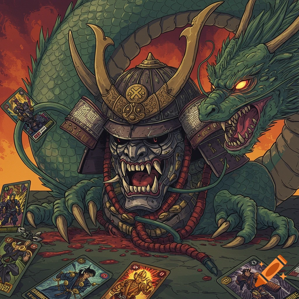 Illustration of a samurai mask and a dragon with trading cards and blood splatter.