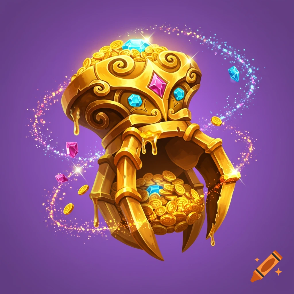 A golden mechanical claw holding a pile of coins and gems with magic sparks.