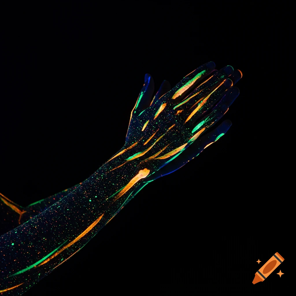 Hands covered in fluorescent paint under UV light against a black background.