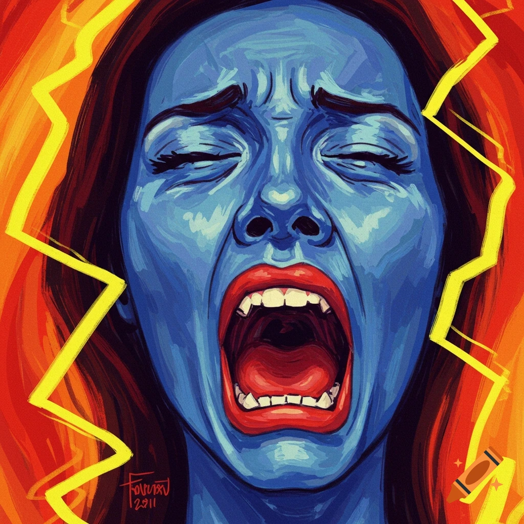 Fauvist style painting of a blue woman's face screaming with yellow lightning streaks.