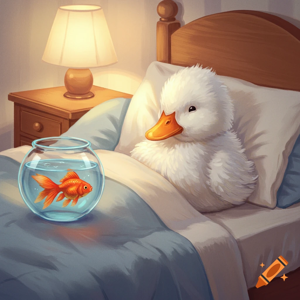 A white duck lies in bed next to a goldfish in a bowl, digital art.