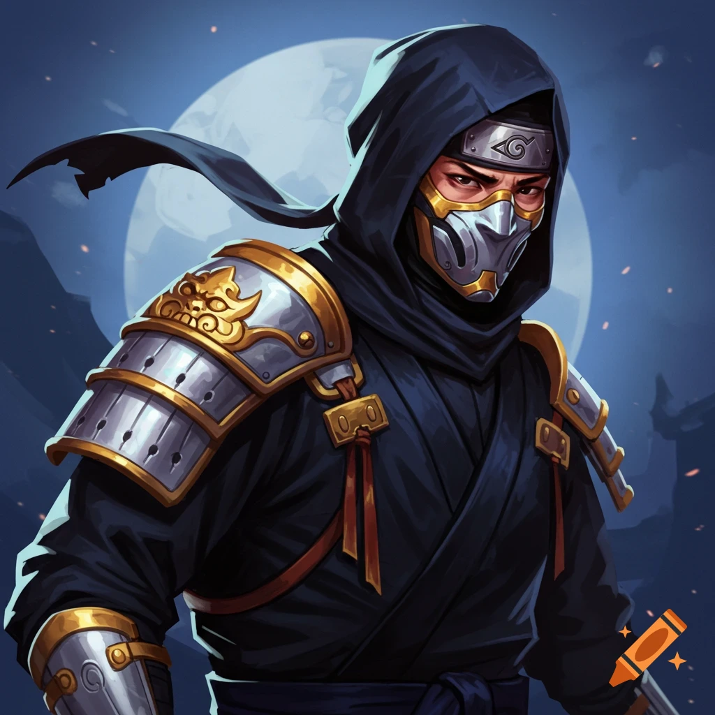 A ninja in dark robes, mask, and armor, standing before a large moon.