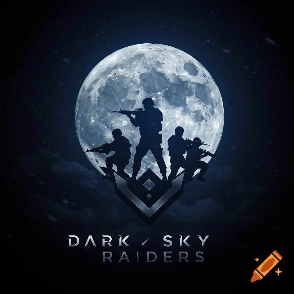 Silhouette soldiers stand on a logo element before a large moon, with 'DARK SKY RAIDERS' text.