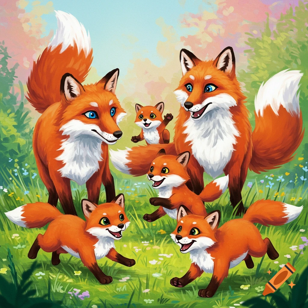 A family of cartoon foxes playing in a meadow.