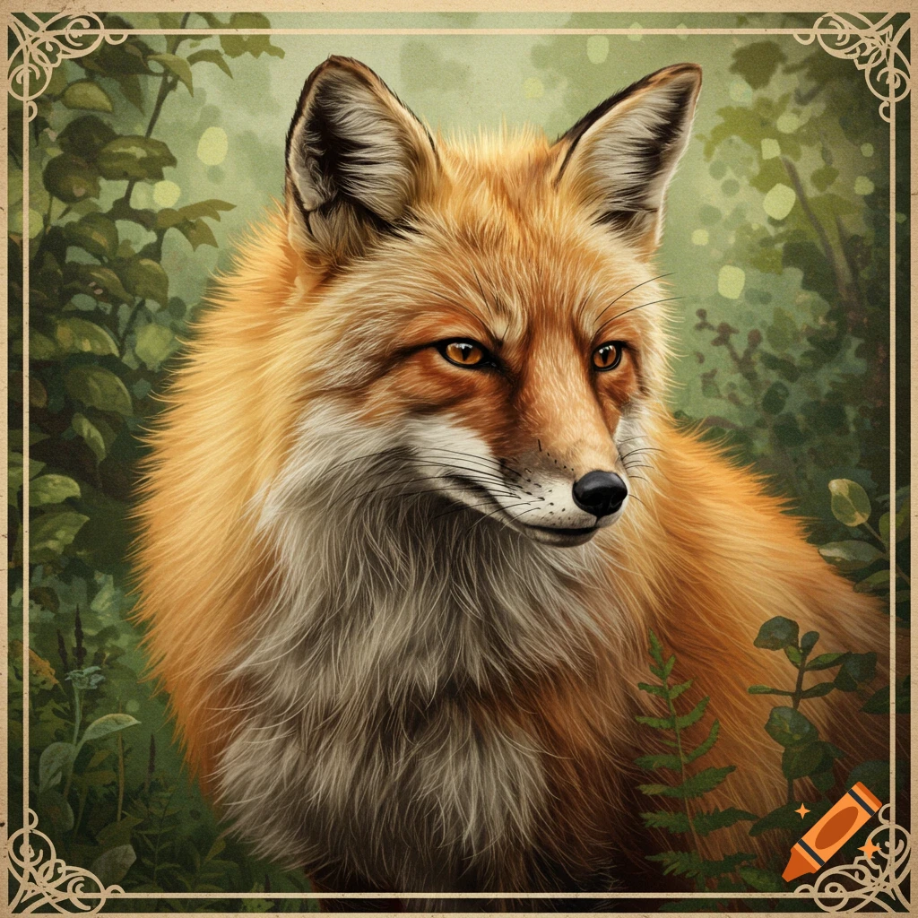 Red fox in a forest with an antique border.