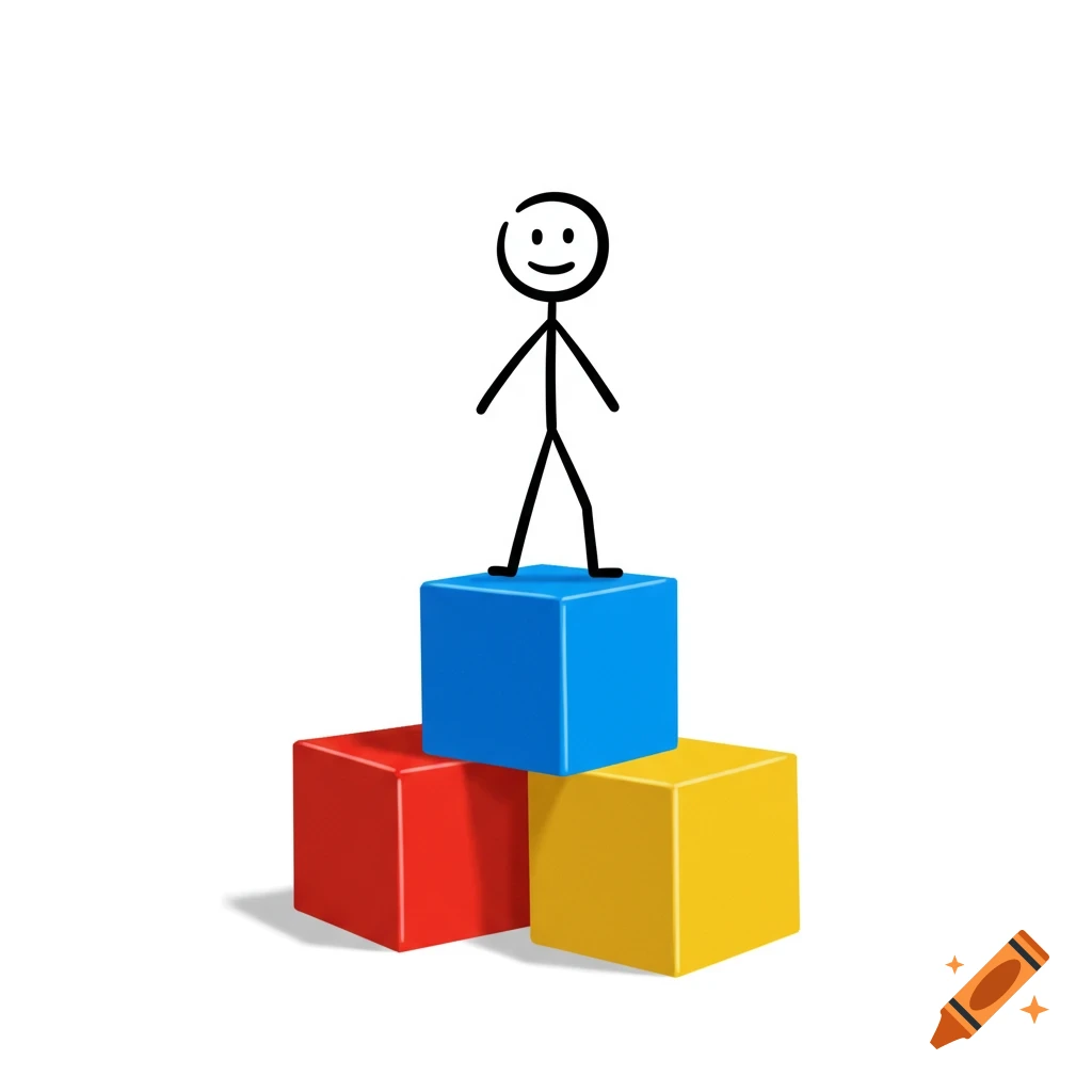 A stick figure stands on top of a stack of three colorful blocks: red, yellow, and blue.