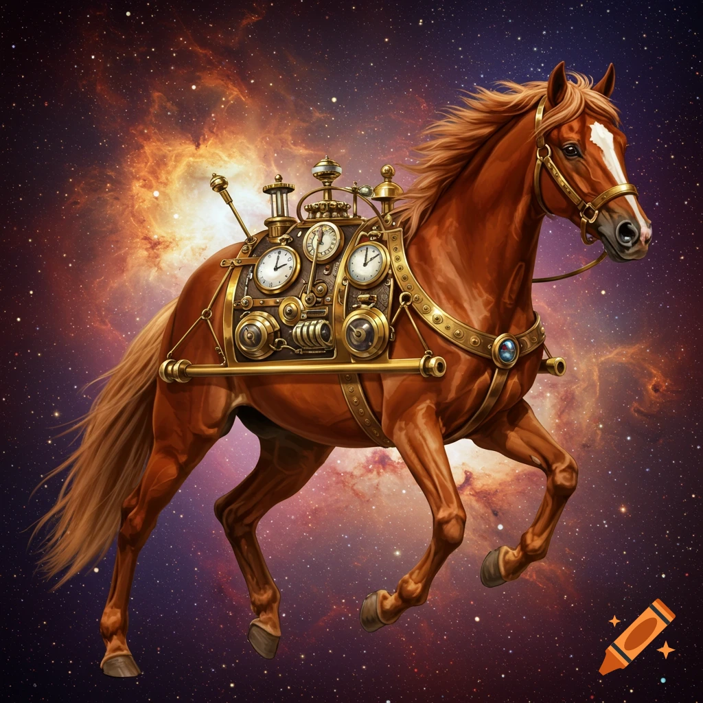 Steampunk horse with a time machine device running through a starry nebula background