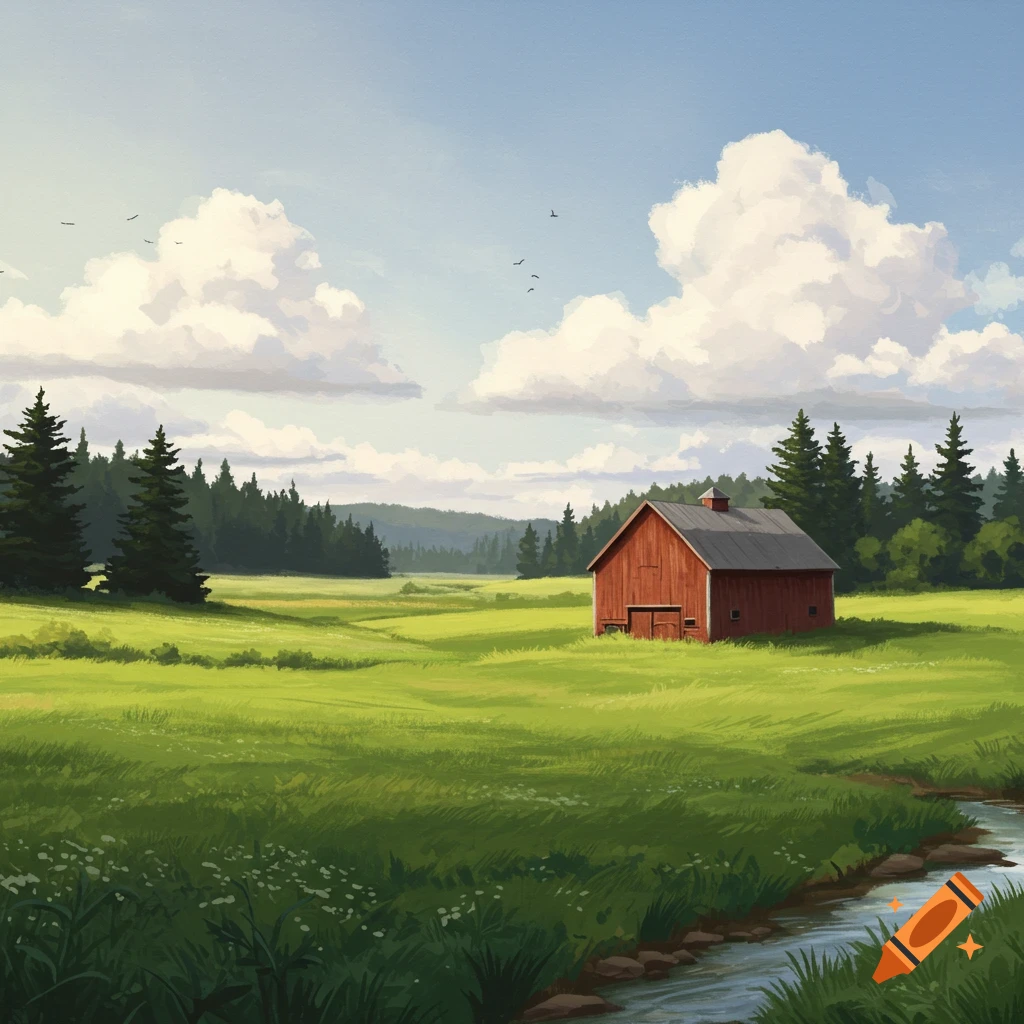 A red barn stands in a green field, surrounded by trees. A stream flows nearby under a cloudy sky.