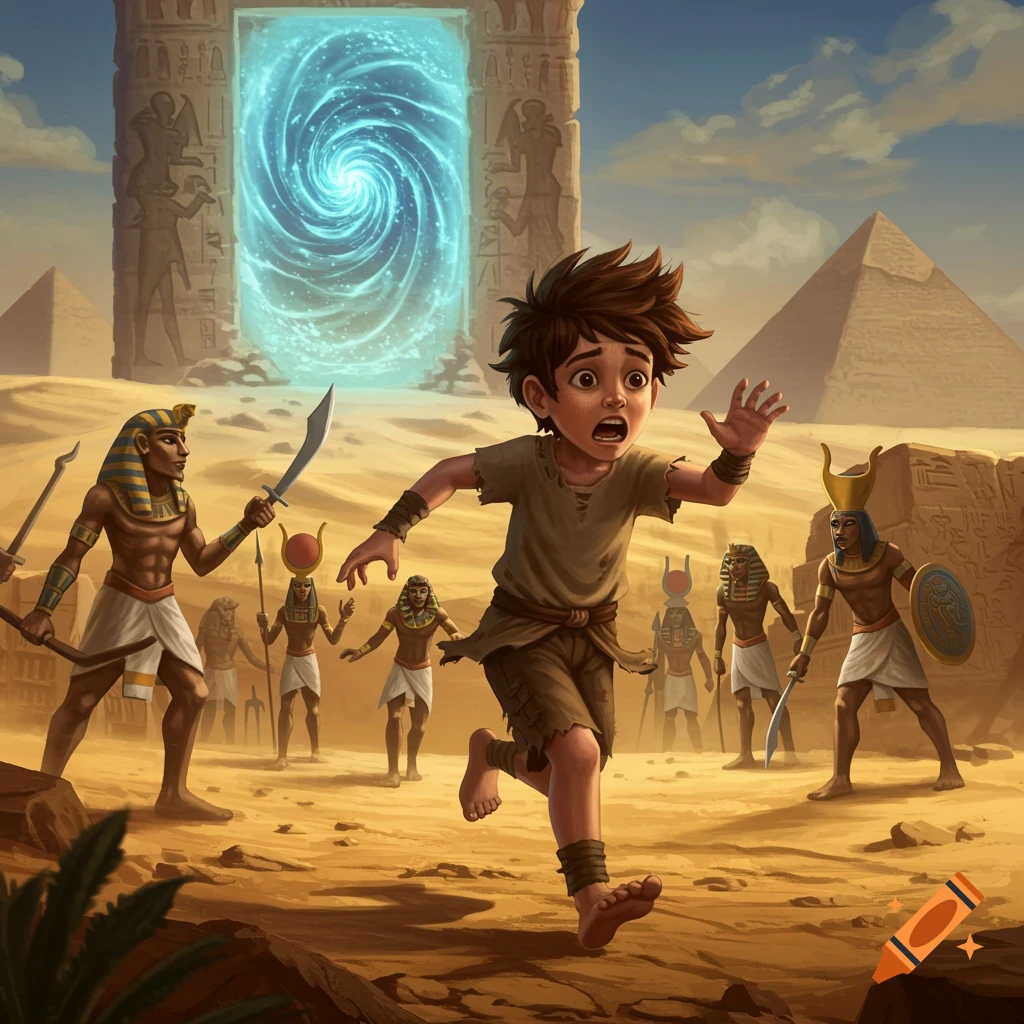 A young boy runs from Egyptian warriors towards a glowing portal in a desert with pyramids.
